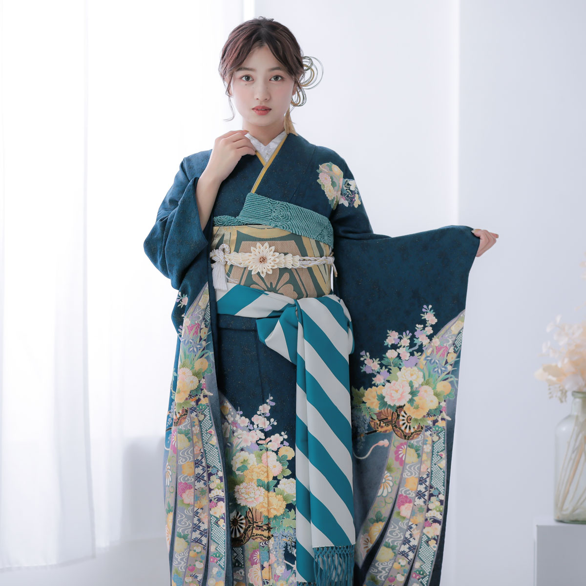 楽天市場】【成人式 振袖 レンタル】RS1427 正絹 青緑 熨斗に花車フル