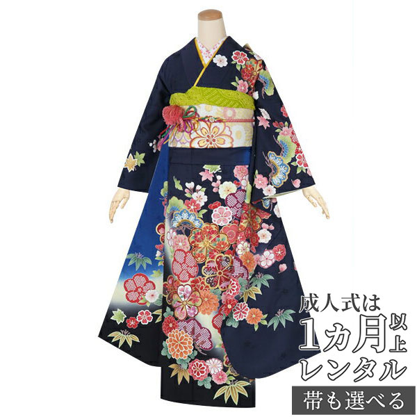 楽天市場】【成人式 振袖 レンタル】RS1482 正絹 紺 桜菊に松竹梅フル