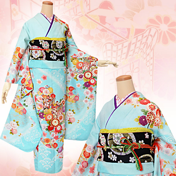 楽天市場】【成人式 振袖 レンタル】RS1541 正絹 水色 御所車花フル