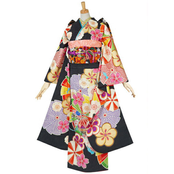 楽天市場】【成人式 振袖 レンタル】RS1560 正絹 黒 花に鈴・風車 紅
