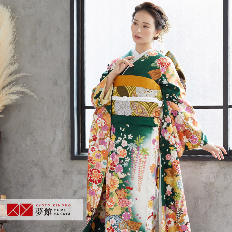楽天市場】【成人式 振袖 レンタル】RS1533 正絹 深緑 豪華古典熨斗桜