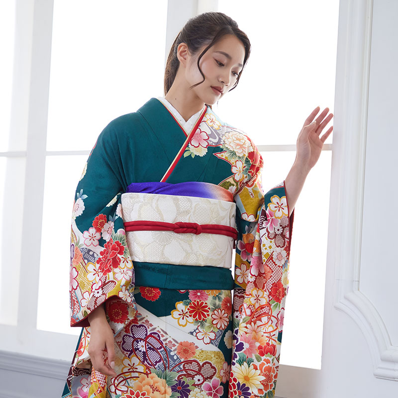 楽天市場】【成人式 振袖 レンタル】RS1667 正絹 深緑 薬玉フルセット