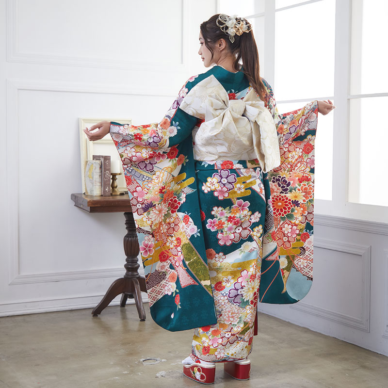 楽天市場】【成人式 振袖 レンタル】RS1667 正絹 深緑 薬玉フルセット