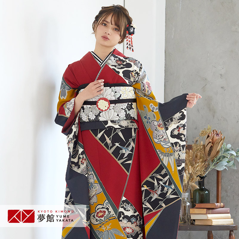 楽天市場】【成人式 振袖 レンタル】RS1665 正絹 墨色×赤 斜取り 花鳥