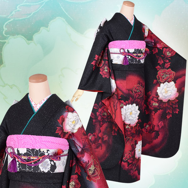 楽天市場】【成人式 振袖 レンタル】RS1744 正絹 黒赤 牡丹花（絹