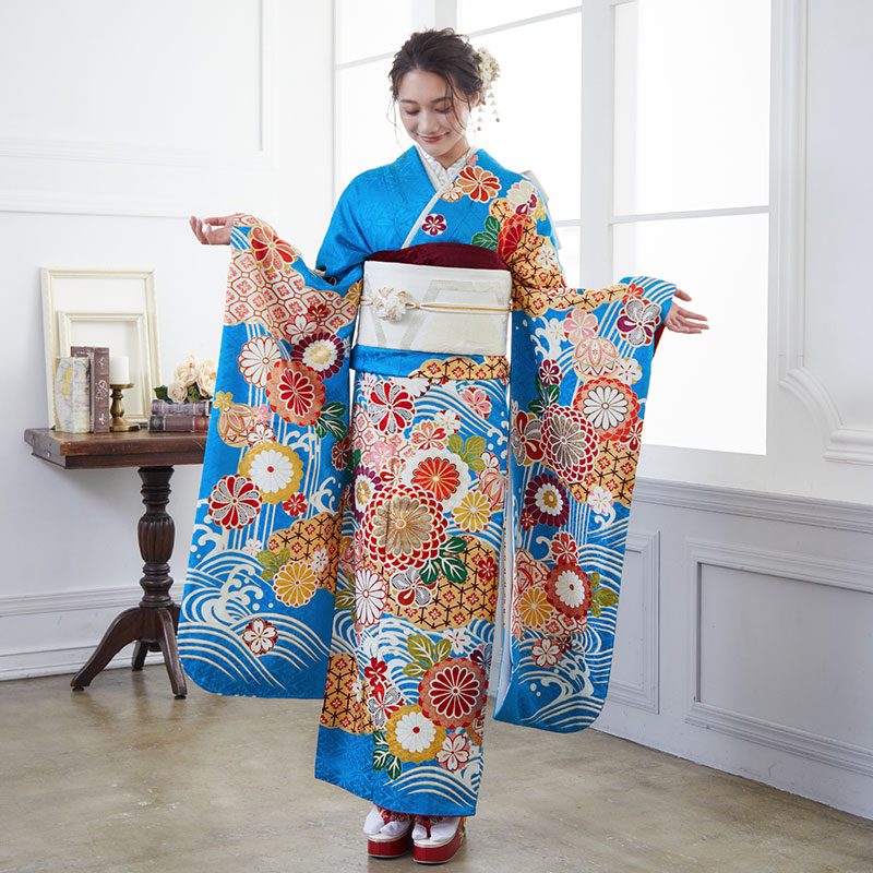 楽天市場】【成人式 振袖 レンタル】RS1754 正絹 青 波に雲取り菊（絹