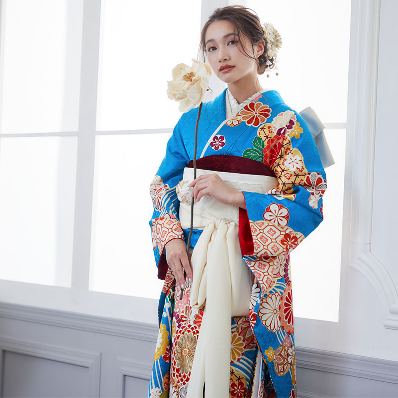 楽天市場】【成人式 振袖 レンタル】RS1754 正絹 青 波に雲取り菊（絹