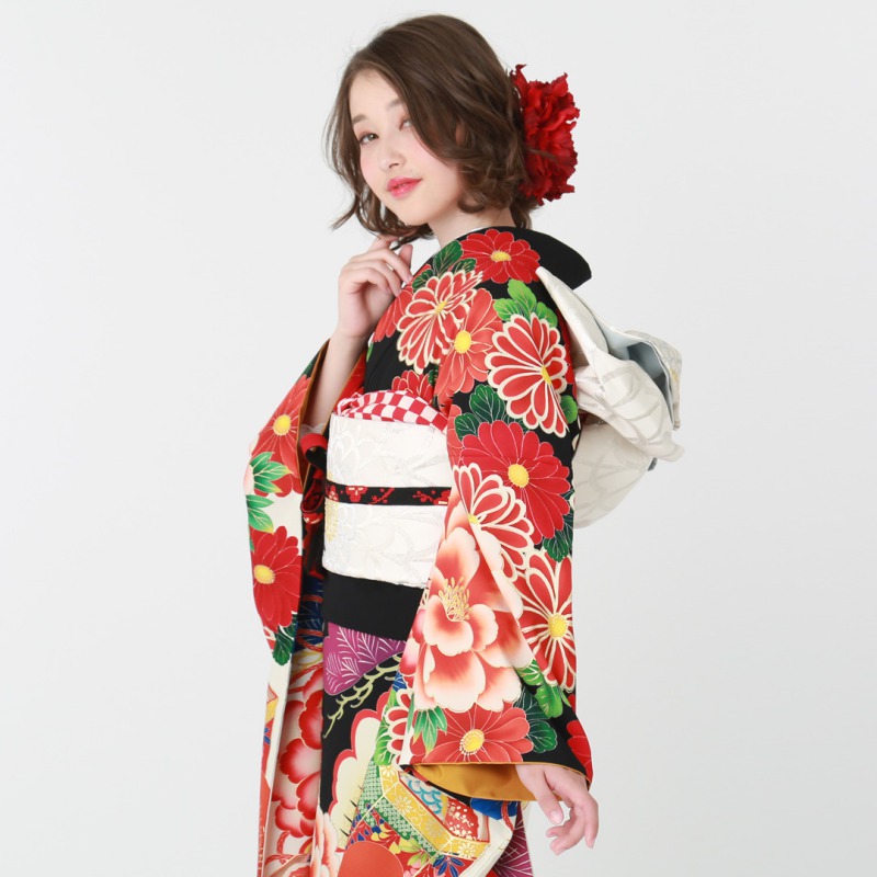 楽天市場】【成人式 振袖 レンタル】RS1886黒 牡丹に松貝桶 Xmiss フル