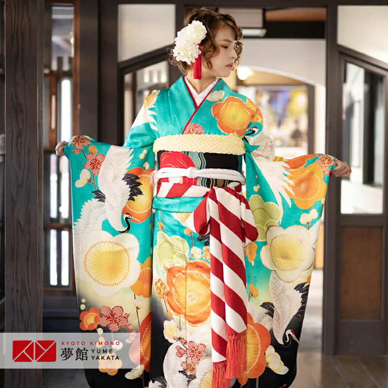 楽天市場】【成人式 振袖 レンタル】RS1805 正絹 緑 梅と鶴フルセット