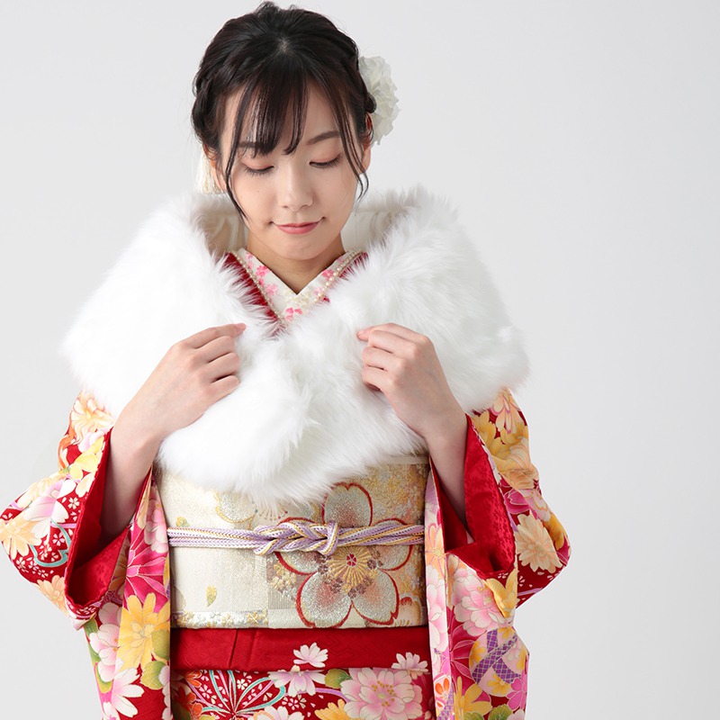 成人式振袖 晴れ着 着物一式 紗綾型 赤白桜 流水紋 純絹 金襴 170cmXL