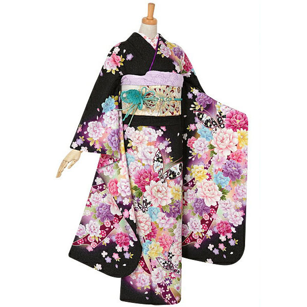 楽天市場】【成人式 振袖 レンタル】RS1032 正絹 黒 牡丹と蝶に熨斗