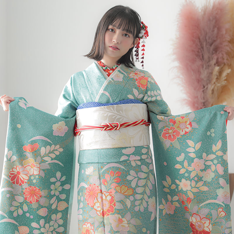振袖 青緑色 花柄 セット