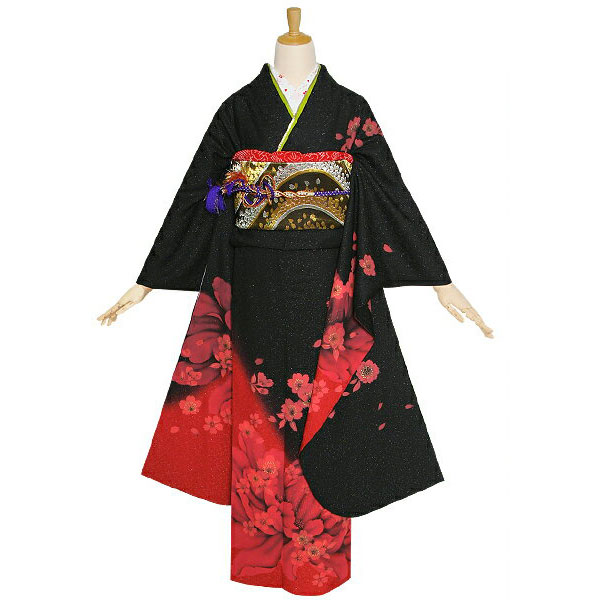 楽天市場】【成人式 振袖 レンタル】RS1194 正絹 黒赤 桜フルセット