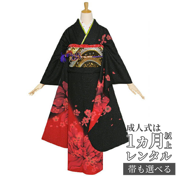 楽天市場】【成人式 振袖 レンタル】RS1194 正絹 黒赤 桜フルセット