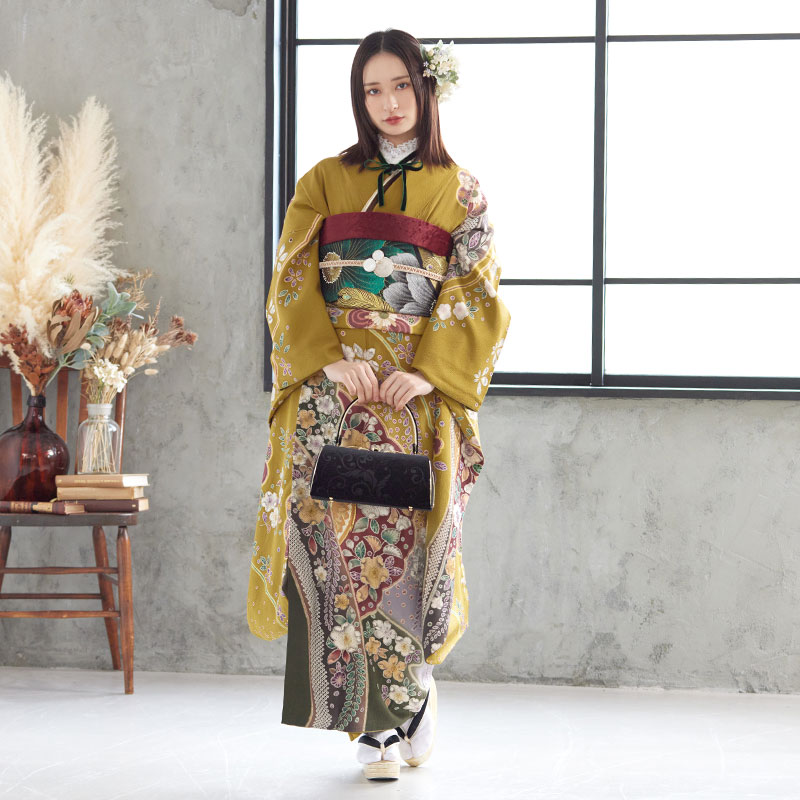 楽天市場】【成人式 振袖 レンタル】RS1347 正絹 黄土 古典辻が花フル