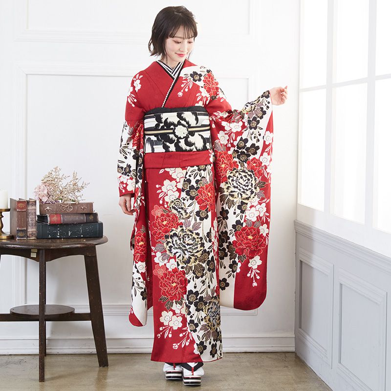 振袖金彩牡丹花模様蝶ワインレッド成人式 晴れの日 着物 052a p