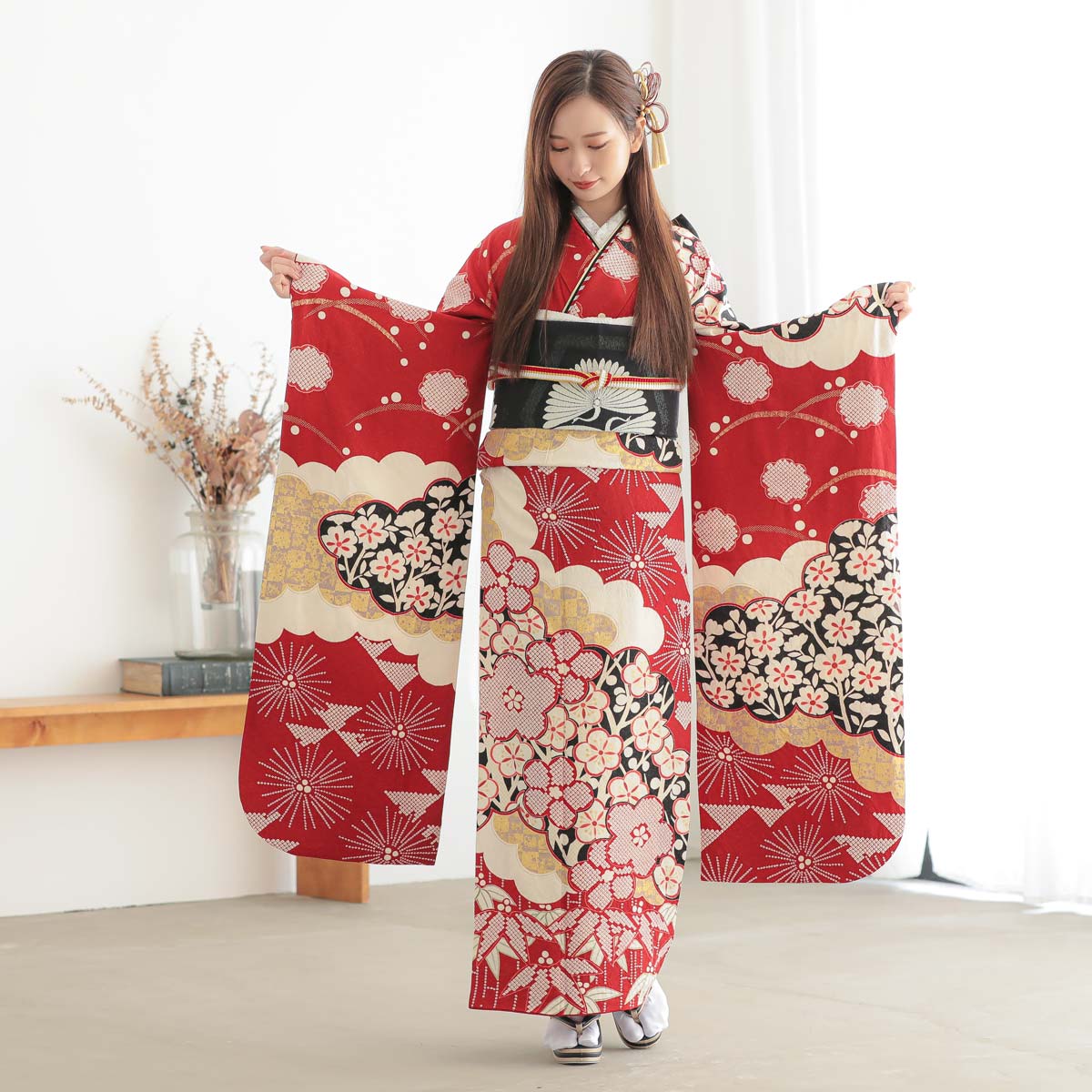 楽天市場】【振袖 レンタル】 結婚式 結納R2063 正絹 赤 雲取り梅に笹