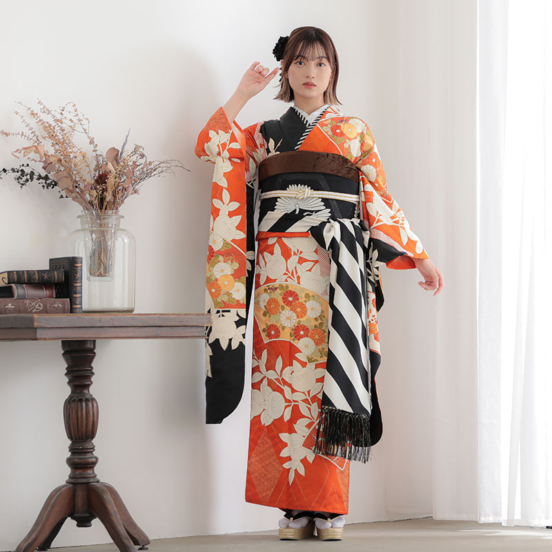 楽天市場】【振袖 レンタル】 結婚式 結納R2027 正絹 オレンジ×黒 扇面