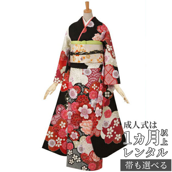 楽天市場】【成人式 振袖 レンタル】RS381 正絹 黒 絞り柄に牡丹と
