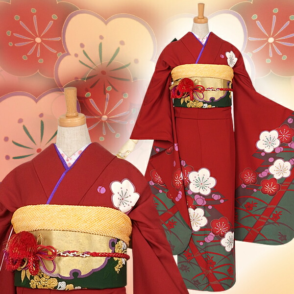 楽天市場】【成人式 振袖 レンタル】RS690 正絹 赤 梅と露芝草花フル