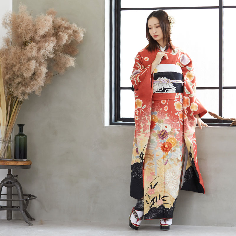 振袖フルセット6点M〜Lサイズ 正絹 鴛鴦花文 売り切り終了 振袖フル