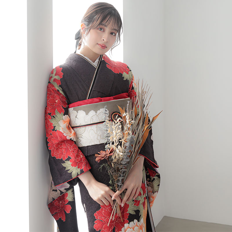 楽天市場】【振袖 レンタル】 結婚式 結納R933 正絹 茶 赤牡丹紫牡丹