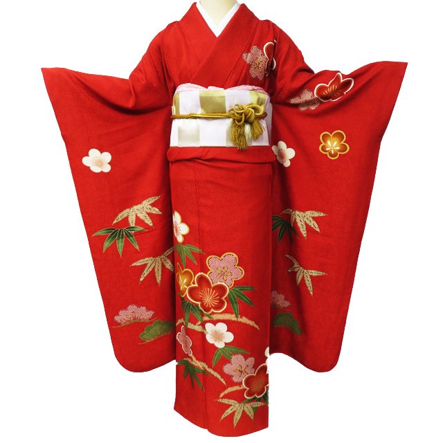 振袖 身長158-173cm 黄 矢絣 牡丹 松竹梅 正絹 振袖 身長158-173cm 黄