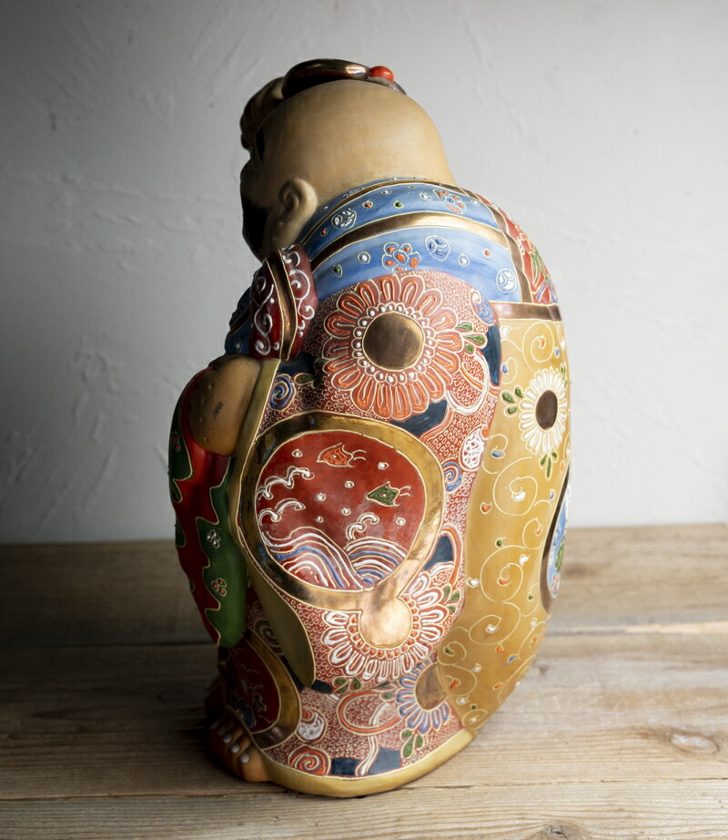 1067 九谷焼 色絵金襴手布袋像 置物 時代物