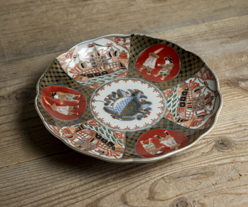 大聖寺伊万里 金襴手 五艘船に南蛮人の図 蓋茶碗 F318AS-CXy 大聖寺