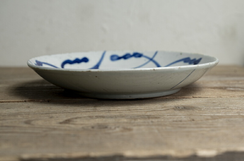 中国 清朝期 染付魚藻紋大皿 送料込み0930 中国古玩 元染 魚藻文 蓋付