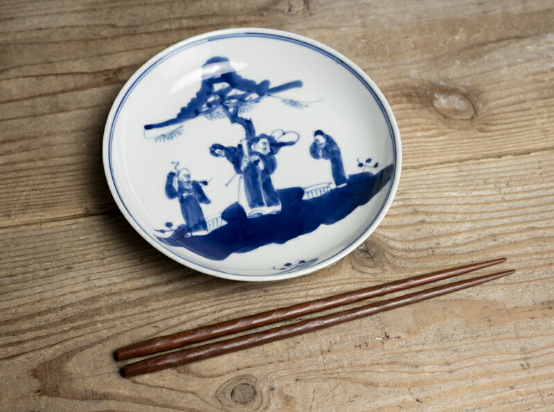 唐木 中国 灰皿 置物 アンティーク 青い鶴の陶器皿 六角形 木製