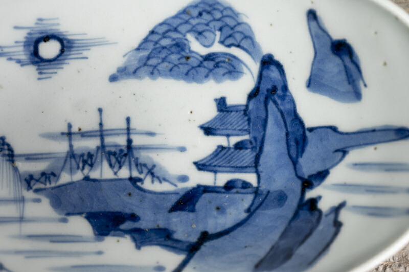 青と白のコントラスト！ 山水画皿(直径18cm)」 古伊万里皿 2客セット