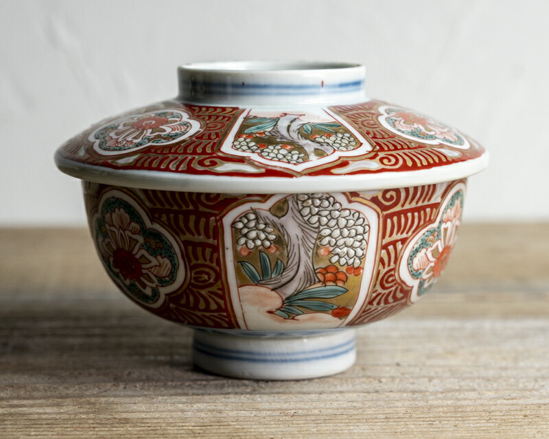 Mai【和 骨董】古伊万里 金襴手 ラッタン人阿蘭陀船の図 蓋茶碗 和蘭陀