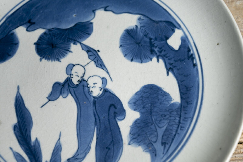 骨董 アンティーク 藍九谷 染付 桃図 輪花縁 小皿 誉印 初期伊万里 古