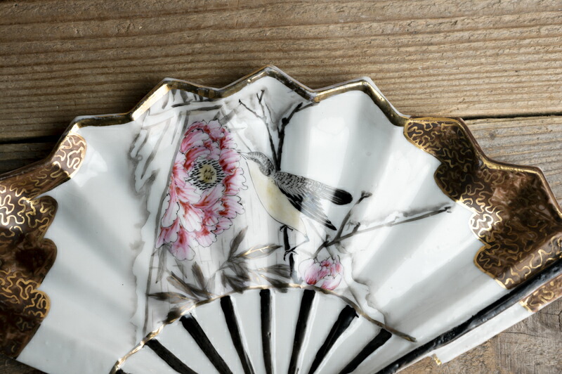 楽天市場】骨董○九谷金彩花鳥文扇型皿○ | 明治時代-19世紀頃 | 磁器