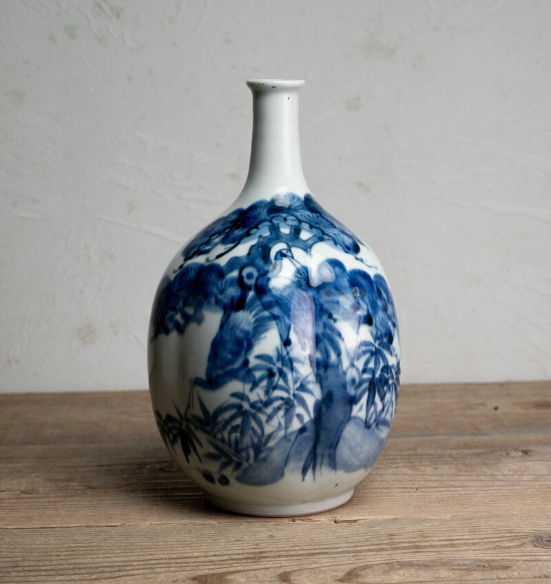 五】古伊万里白磁徳利 染付パイナップル文徳利 江戸後期 箱付 古伊万里