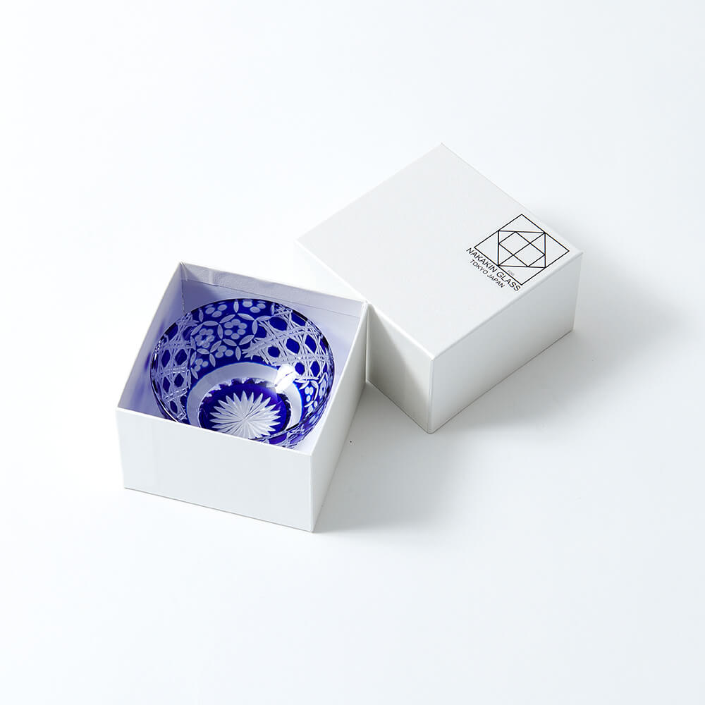 江戸切子 現代作品 青色被せ切子硝子 ガラス 鉢 菓子鉢 茶道具 茶器 共箱