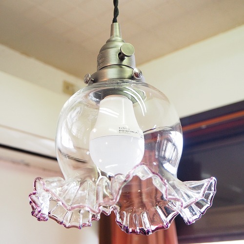 赤のフリルガラスランプシェード 0142レトロ 電傘 電笠 フリル 緑縁