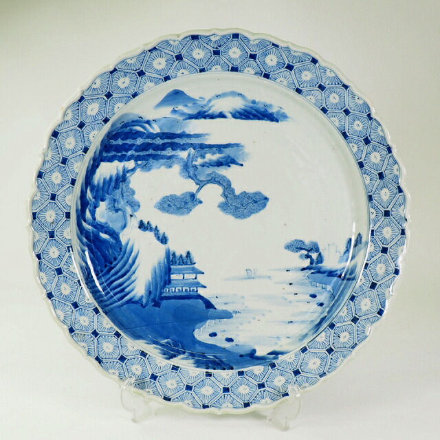 楽天市場】楼閣山水文様輪花大皿 0254江戸時代 伊万里 染付 手描き