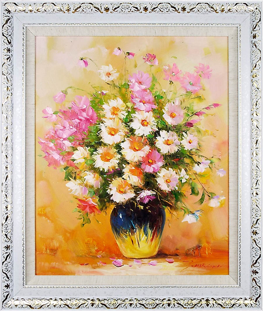 ☆秀作☆ 手書き油絵 花瓶の花 絵画 インテリア 油彩画