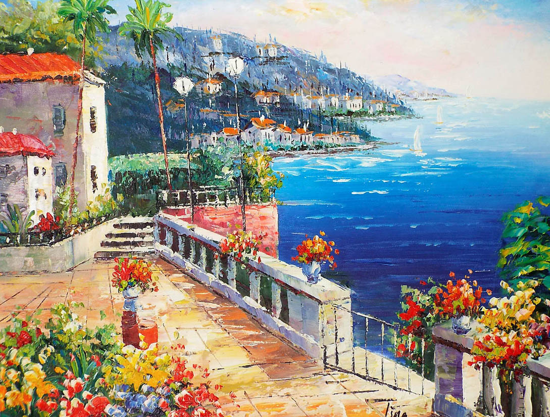 手書き油絵 地中海の風景 額付 肉筆絵画 インテリア 油彩画 手書き油絵