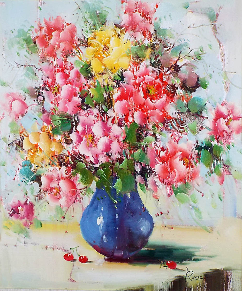 キャンバス油絵 専用 花瓶に入れた二輪のお花 キャンバス油絵 専用