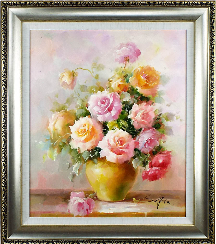 薔薇の花 肉筆 油彩 絵画 美術品 インテリア 真作 静物画 作家証明書