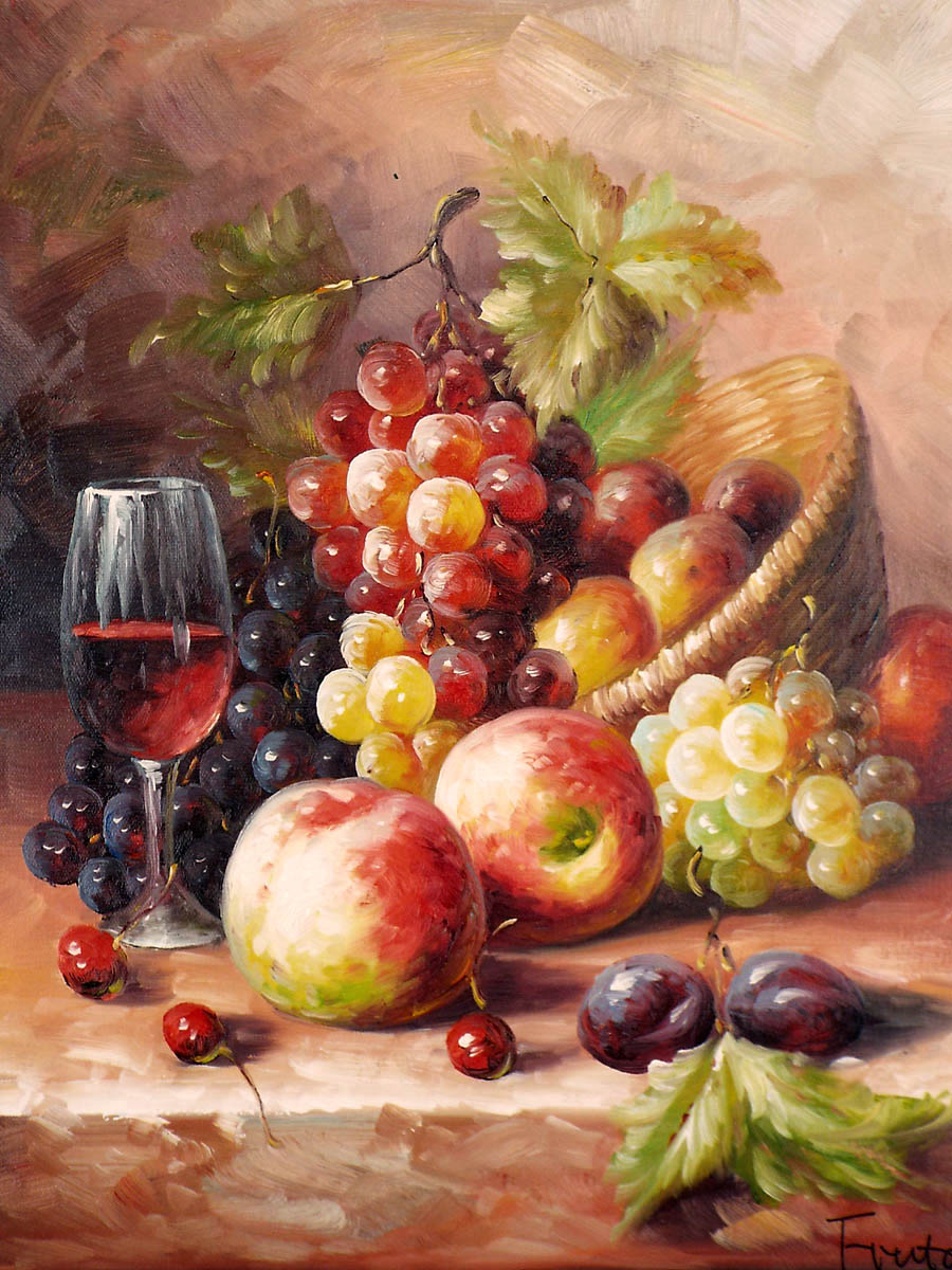 パリで購入 油絵 油彩画 花と果物の静物画 パリで購入 油絵 油彩画 花