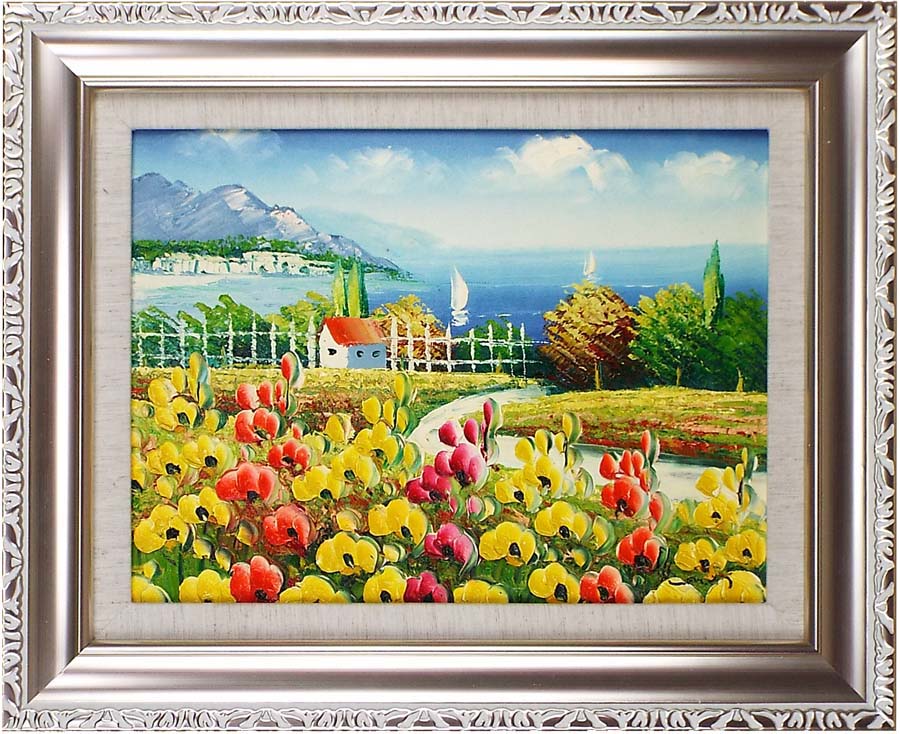 海外作者 花畑 風景画 油彩画 装飾フレーム付き 海外作者 花畑 風景画