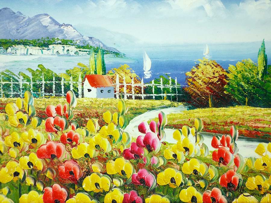 海外作者 花畑 風景画 油彩画 装飾フレーム付き 海外作者 花畑 風景画