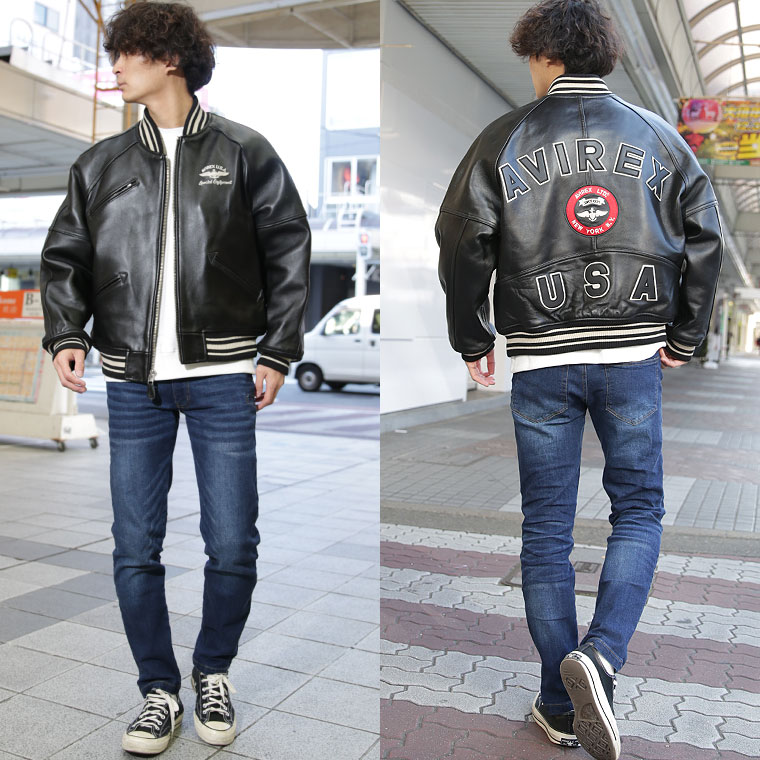 6105【希少デザイン】アヴィレックス☆バーシティレザージャケット 羊革