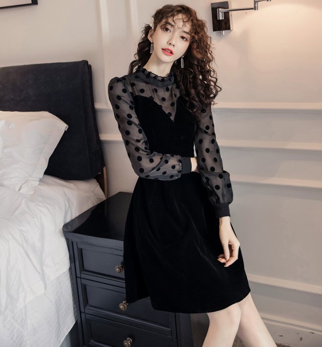 楽天市場】パーティードレス 袖あり 長袖 ミニ 黒 結婚式 お呼ばれ