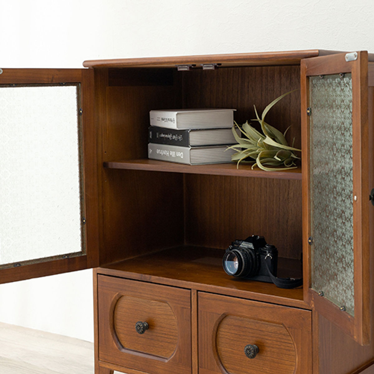 古いガラス戸棚×木製小引き出し3杯 ローチェスト ローボード 古家具