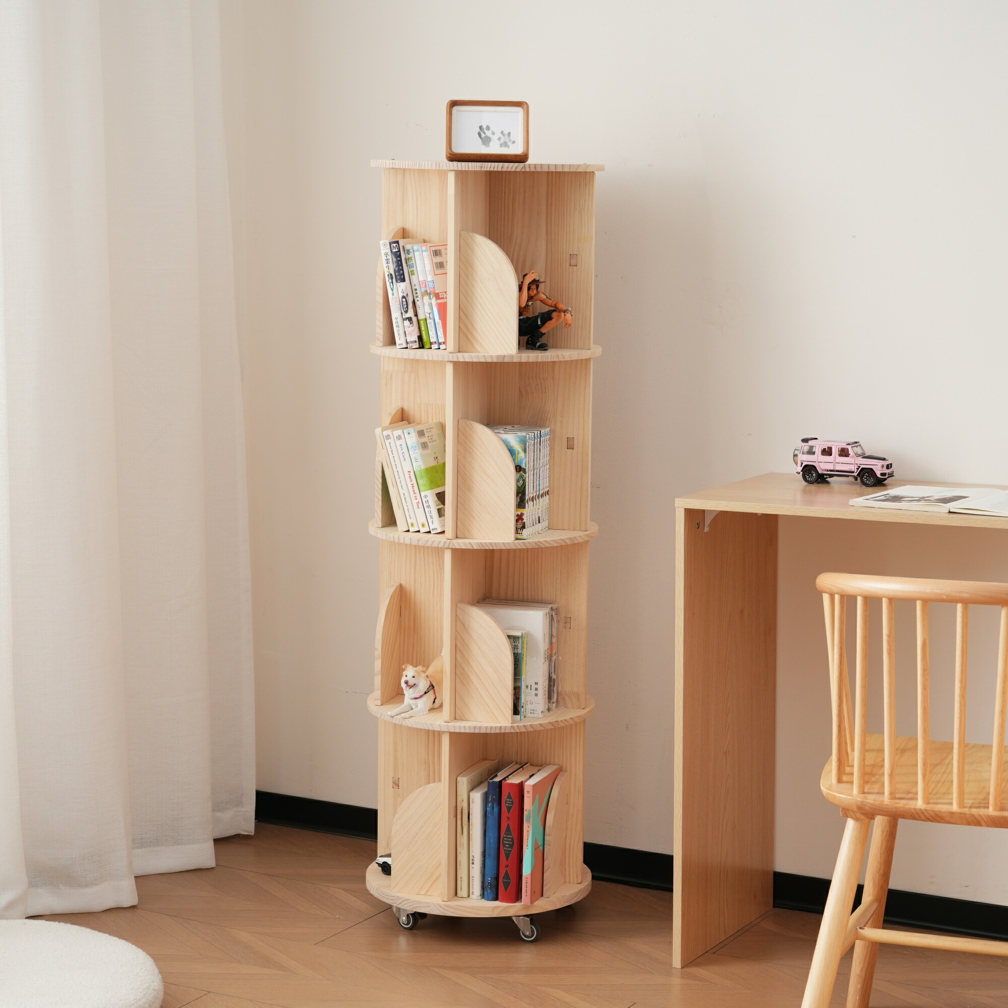 本棚 (回転式本棚) 絵本棚 天然木 漫画 ブックシェルフ (3段)」の人気
